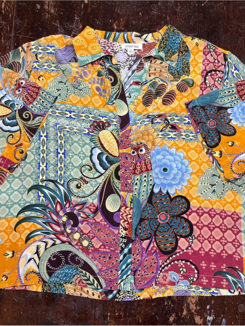 Johnny Was Vibrant Silk Patchwork & Owl Print Blouse - Picture 6 of 15